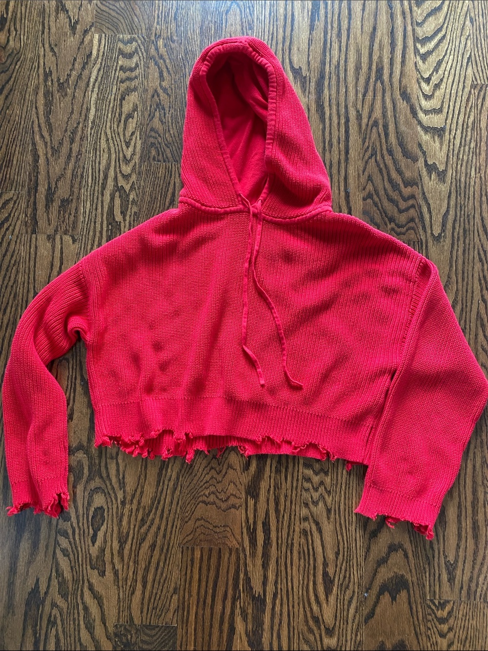 RtA Cropped Distressed Hoodie in Red